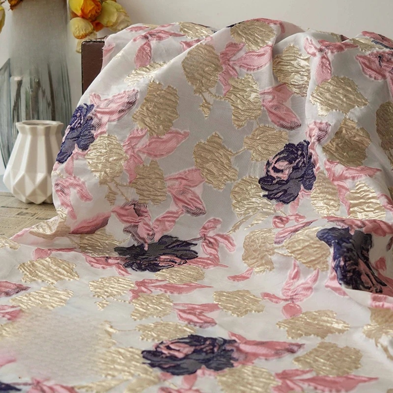 Women Formal Wear Dress - 3D Embossed Gold Blue Pink Floral