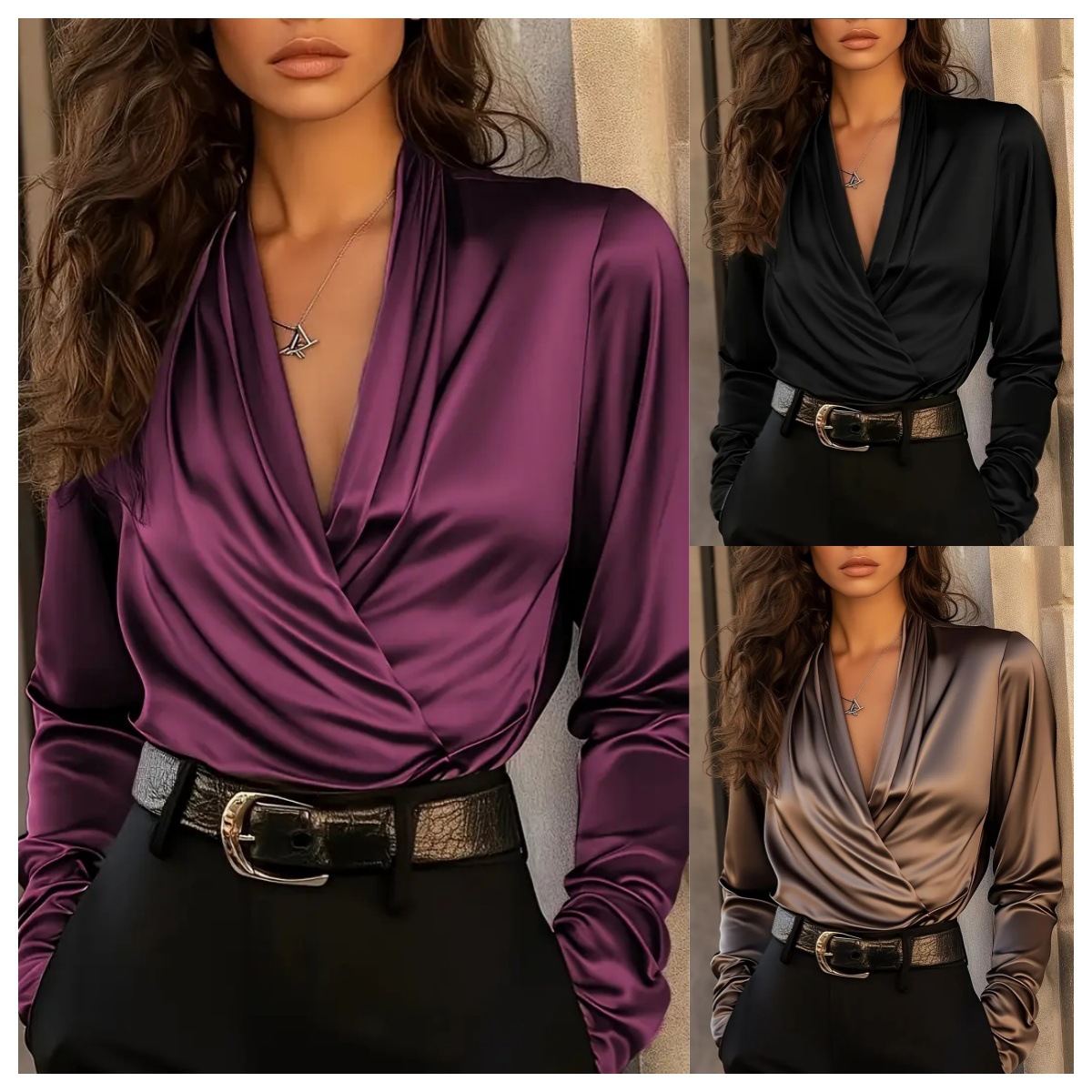 Women's Satin Wrap V Neck Long - Women'S Formal Evening Wear Tops ulasan dan harga