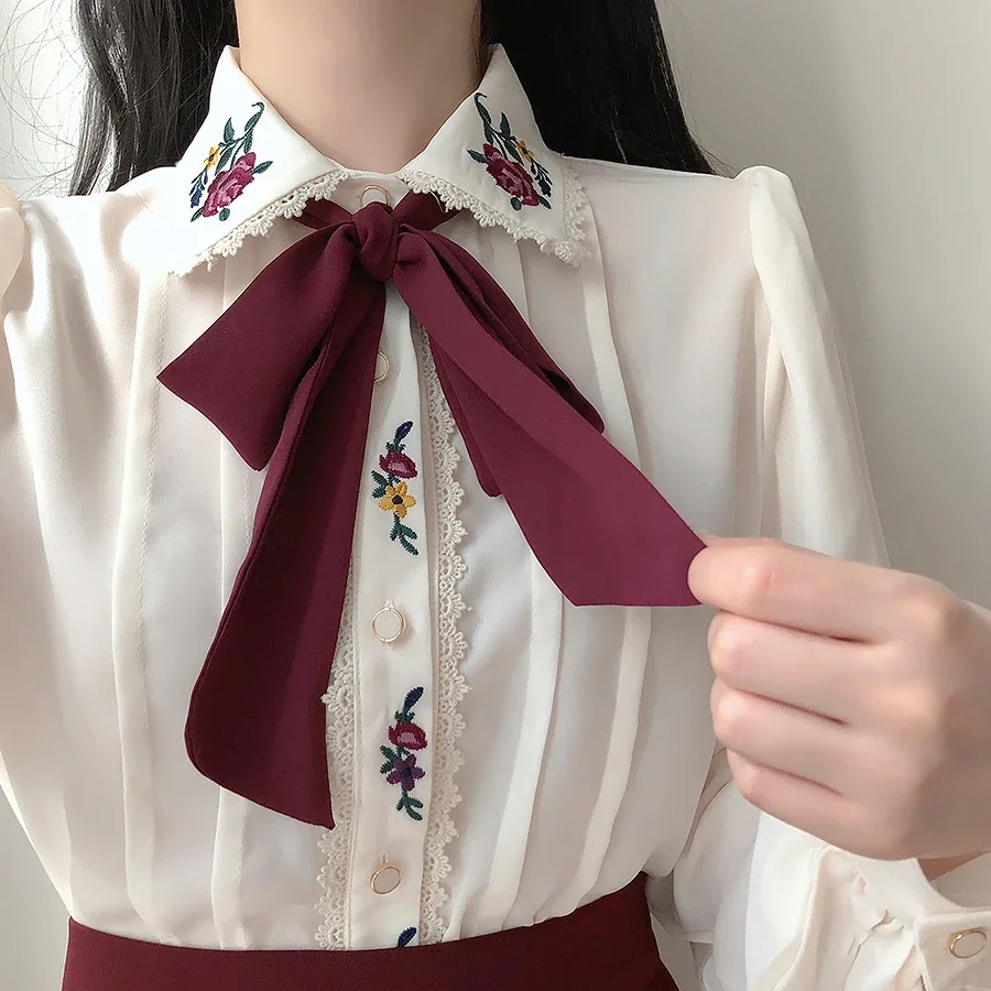 Retro Vintage Embroidery Bow T - Women Formal Wear White Shirt ulasan dan harga