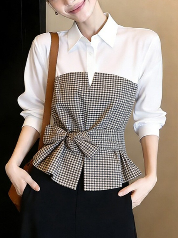 New White Black Gingham Patchw - Women Formal Wear White Shirt ulasan dan harga